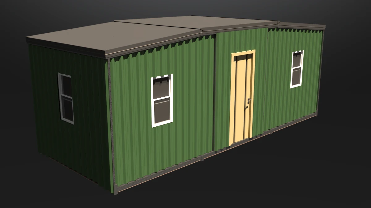 Render del módulo habitable FOLDCORE desplegado con cerramientos verdes